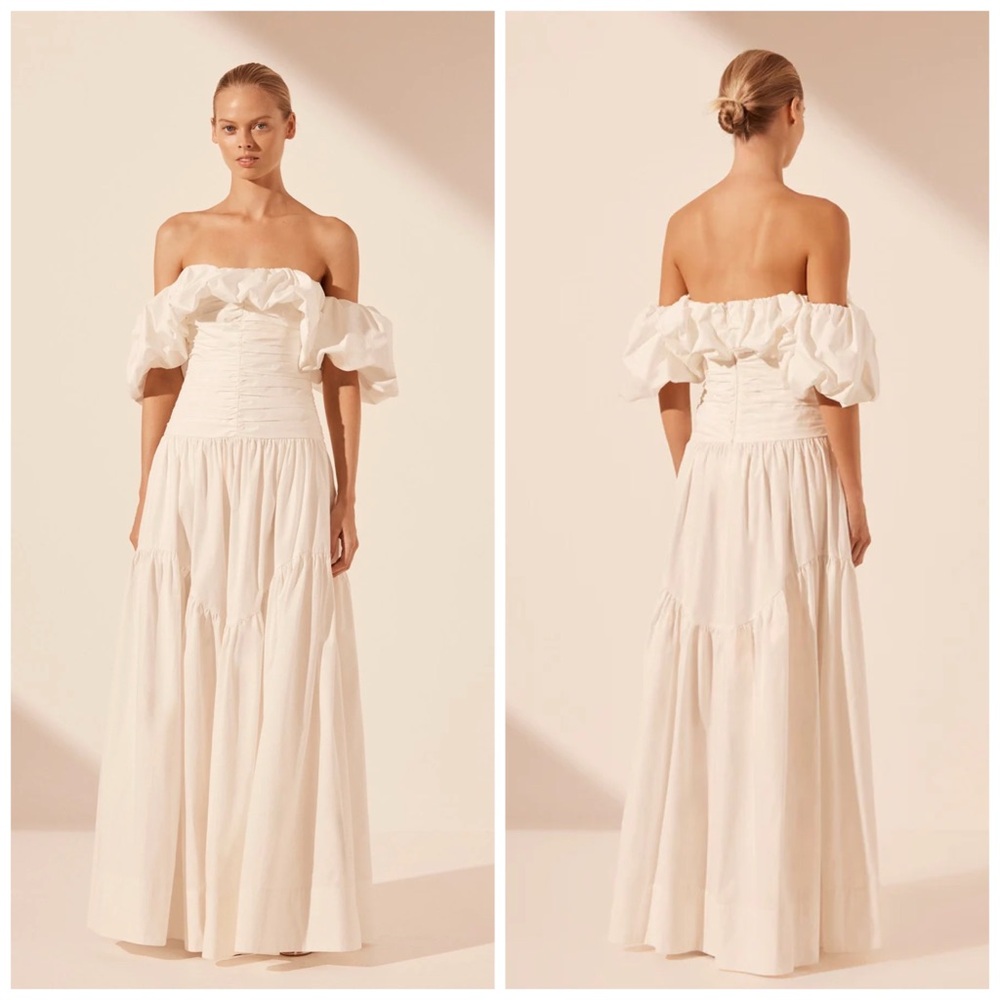 Shona‎ Joy Maiori Off The Shoulder Ruched Maxi Dress In Ivory White Sz 14 FLAWED